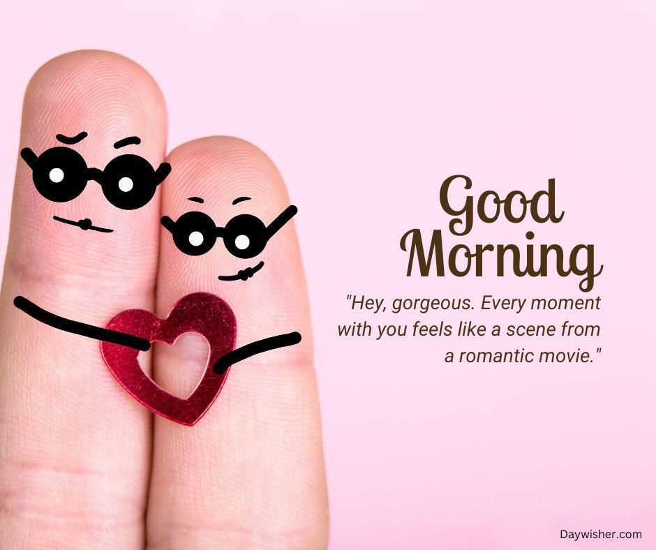 Two fingers with drawn faces and glasses, holding a red glittery heart, against a pink background with the text "Good Morning Love" and a romantic quote.