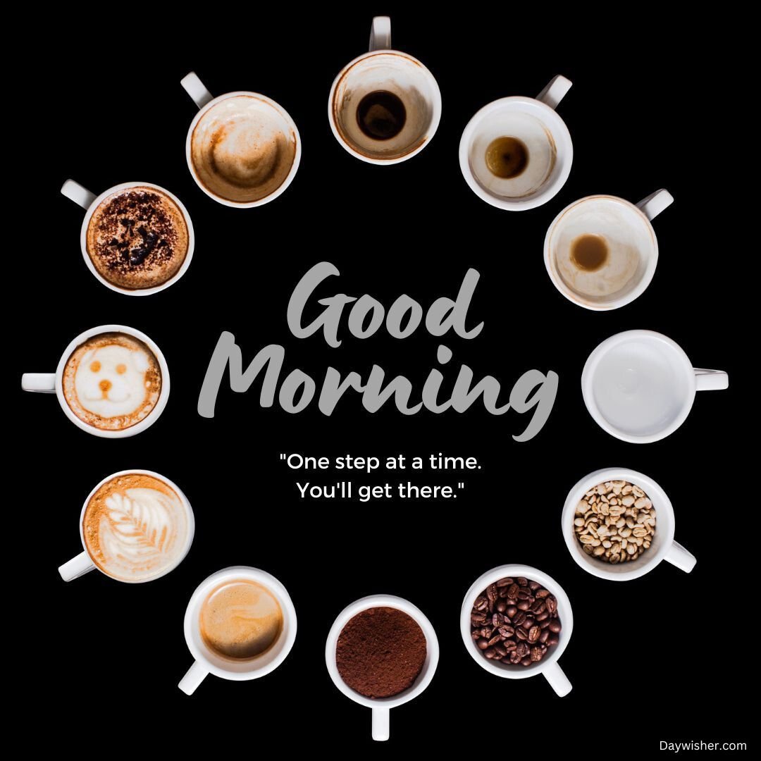Today special good morning" image showcasing various types of coffee cups arranged in a circle against a black background. Each cup is unique, featuring different coffee styles and beans, accompanied by an inspirational quote.