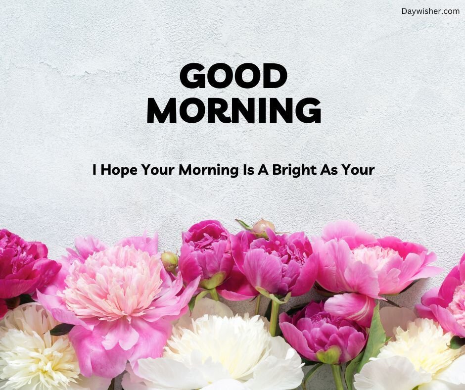 Image featuring a text "good morning" followed by "I hope your morning is as bright as your" on a white textured background, with vibrant pink and magenta peonies lined up at the