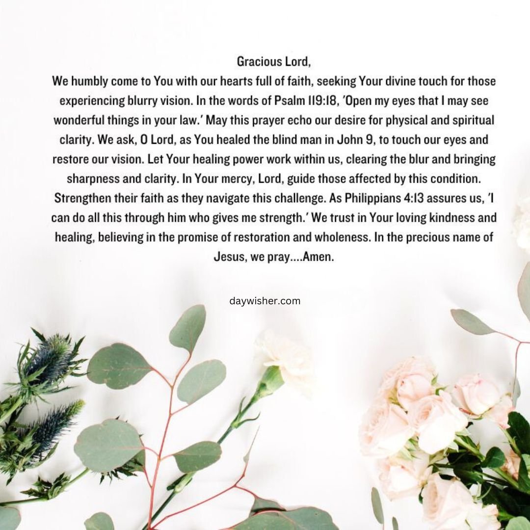 An open book with a religious prayer text for healing eyes on a white background surrounded by a light pink border. The prayer reflects themes of faith, healing, and restoration, invoking God's guidance and strength