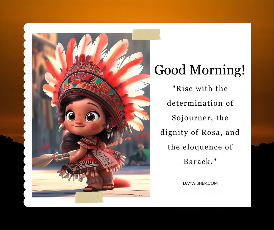 A digital image of a cartoon girl wearing an African American inspired headdress, against a sunset background. The image includes text wishing "good morning" and inspiring quotes.