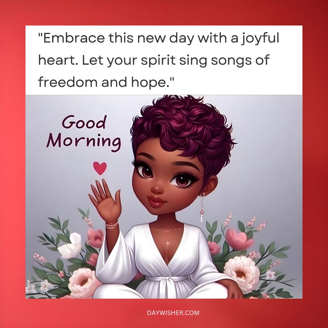 Illustration of a joyful African American woman in a white robe surrounded by flowers greeting with a ‘good morning’ message, alongside an inspirational quote about embracing the day with joy and hope.