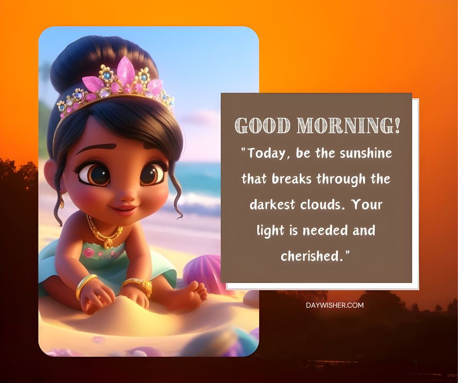 Image of an animated African American young girl wearing a crown, sitting outdoors at sunrise. The text says, "Good morning! Today, be the sunshine that breaks through the darkest clouds. Your light is