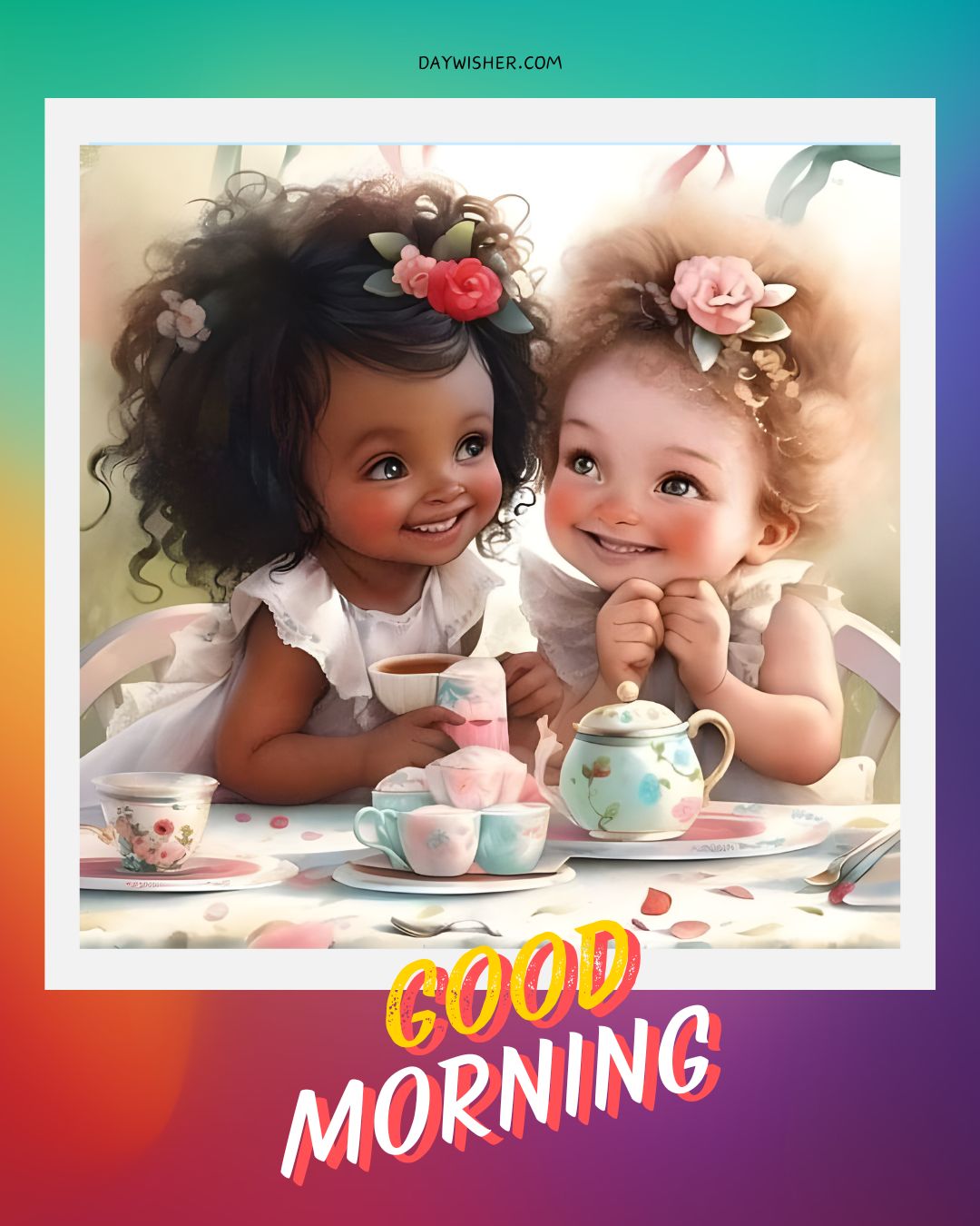 Two animated young African American girls enjoying a playful tea party with colorful cups, one giggling and the other smiling broadly, under a "good morning" greeting.