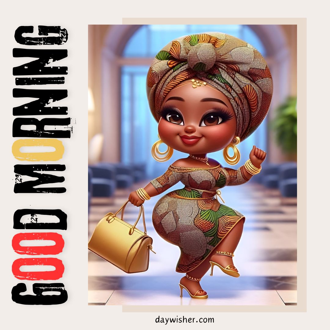 A stylized animated character, an African American young woman with a large head wrap and gold earrings, happily struts holding a handbag, with "good morning" written in bold on top.