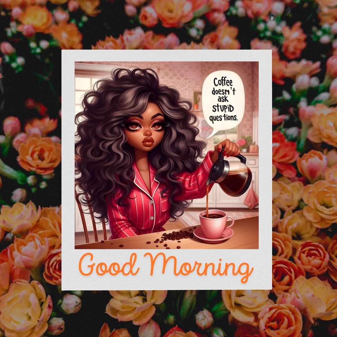 Illustration of an African American woman with voluminous curly hair pouring coffee, captioned "good morning" and "coffee doesn't ask stupid questions." The background features a floral pattern.