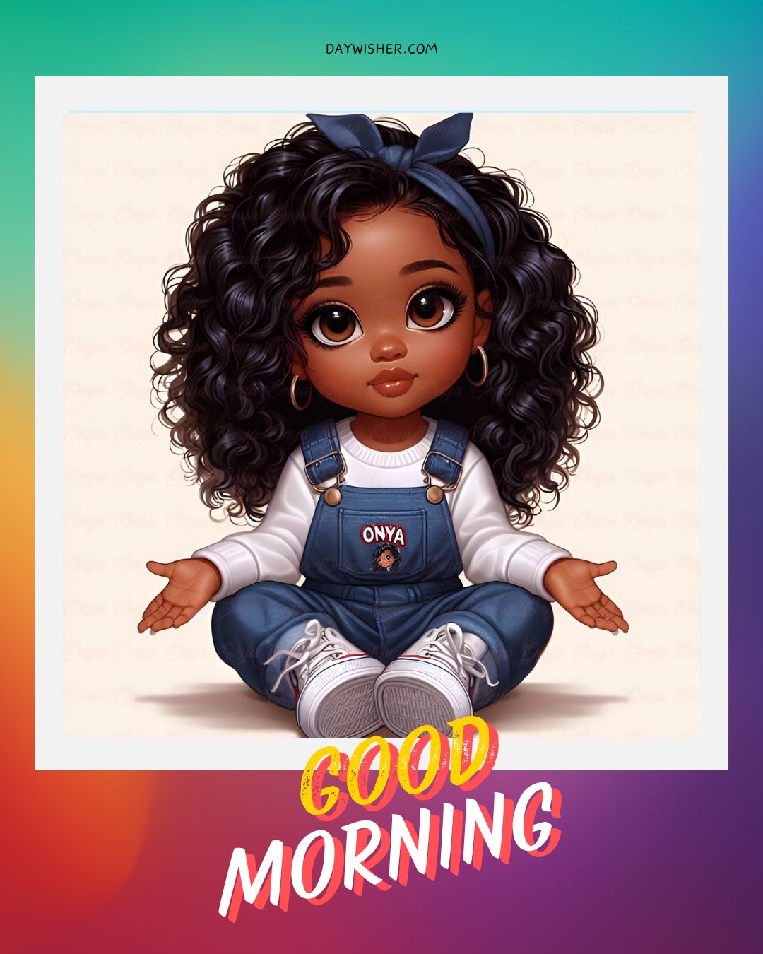 Illustration of a cute African American animated girl with curly black hair and blue bow, wearing denim overalls, sitting with legs crossed. The image has a colorful background and a "good morning" greeting at the bottom.