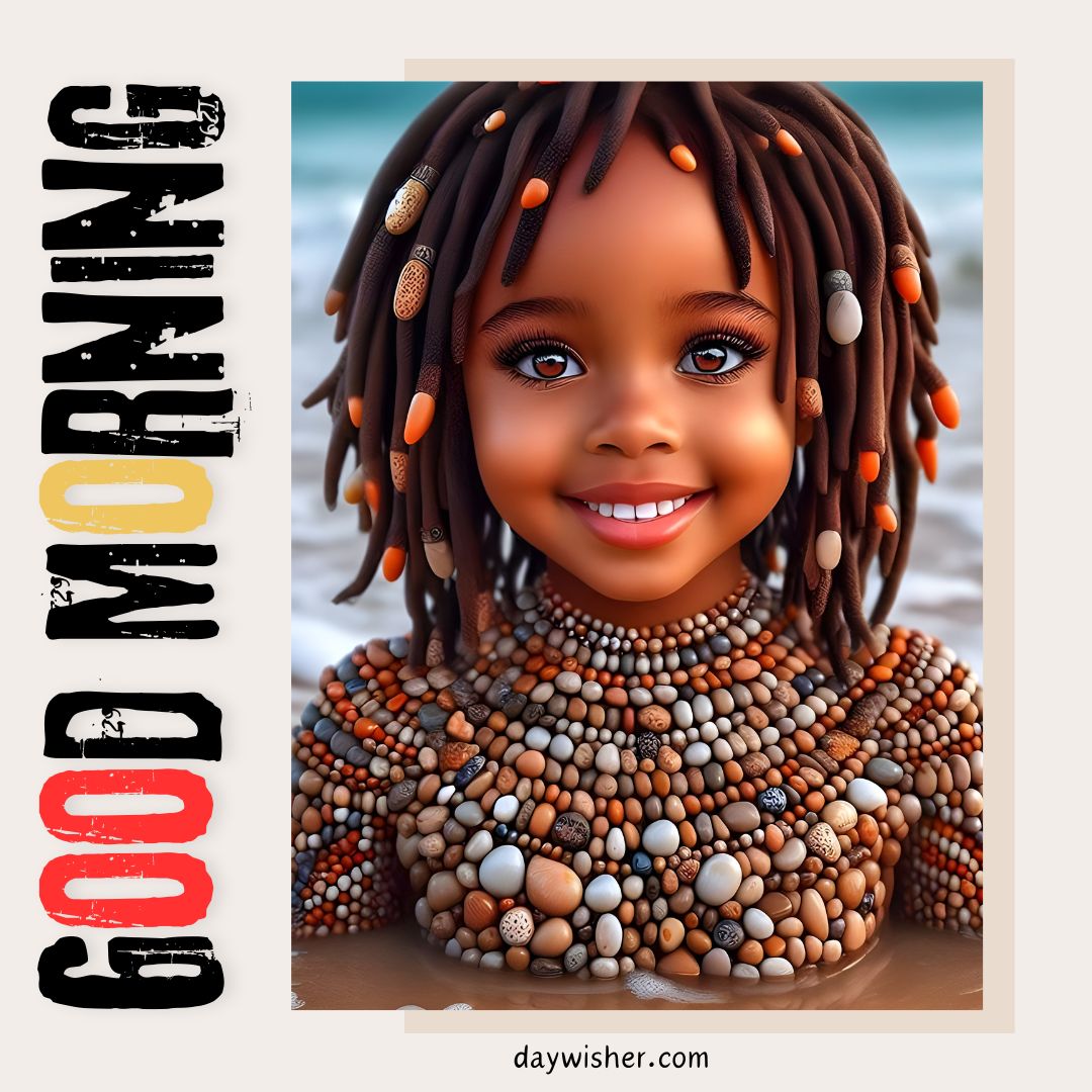 Digital artwork of a smiling young African American girl with elaborate beadwork around her neck and decorated braids, set against a beach backdrop, with the text "good morning" in bold letters.