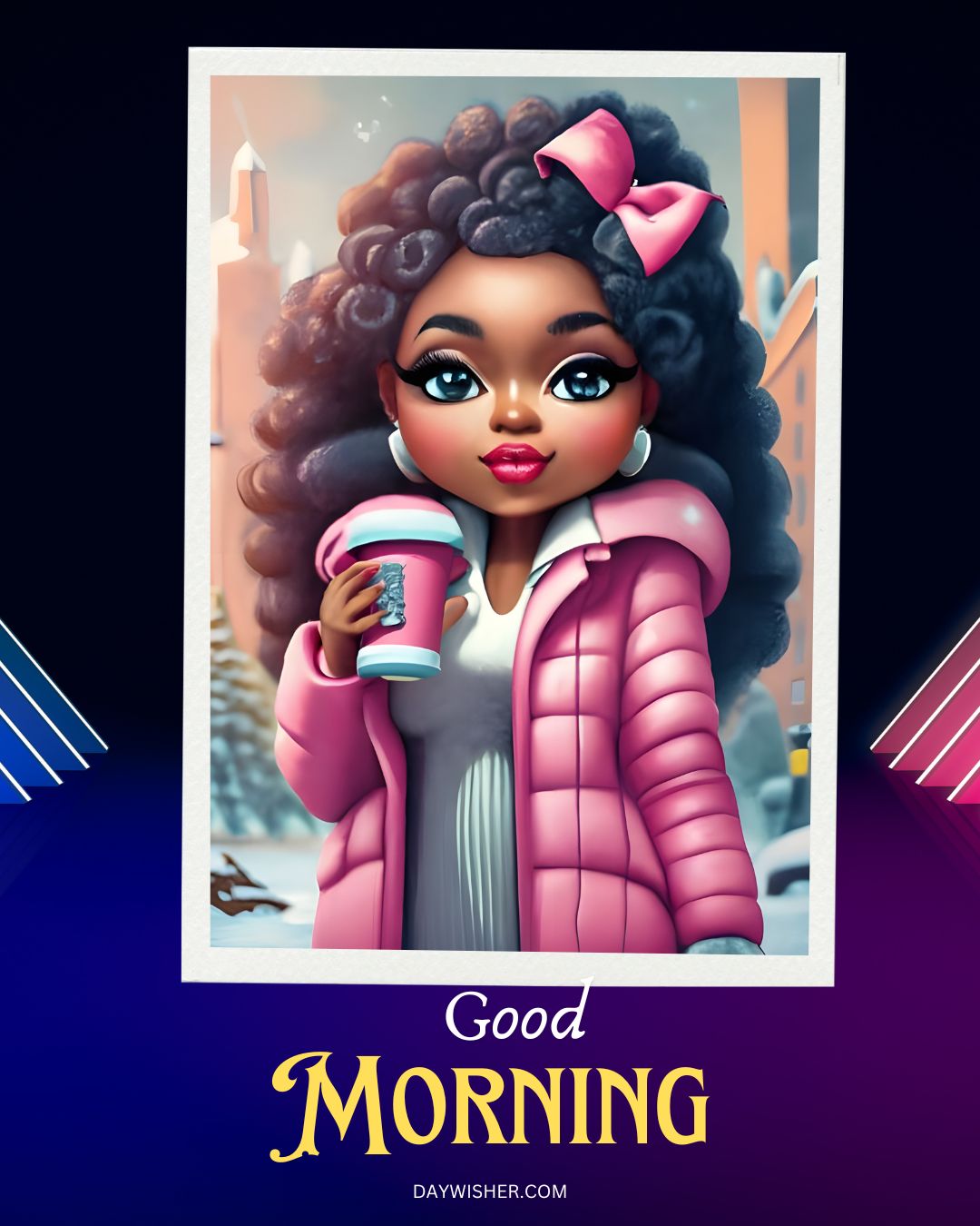 An illustrated image of an African American woman with curly hair and a pink bow, wearing a pink jacket, holding a coffee cup. The background has snow-covered buildings, and the text "good morning" is displayed.