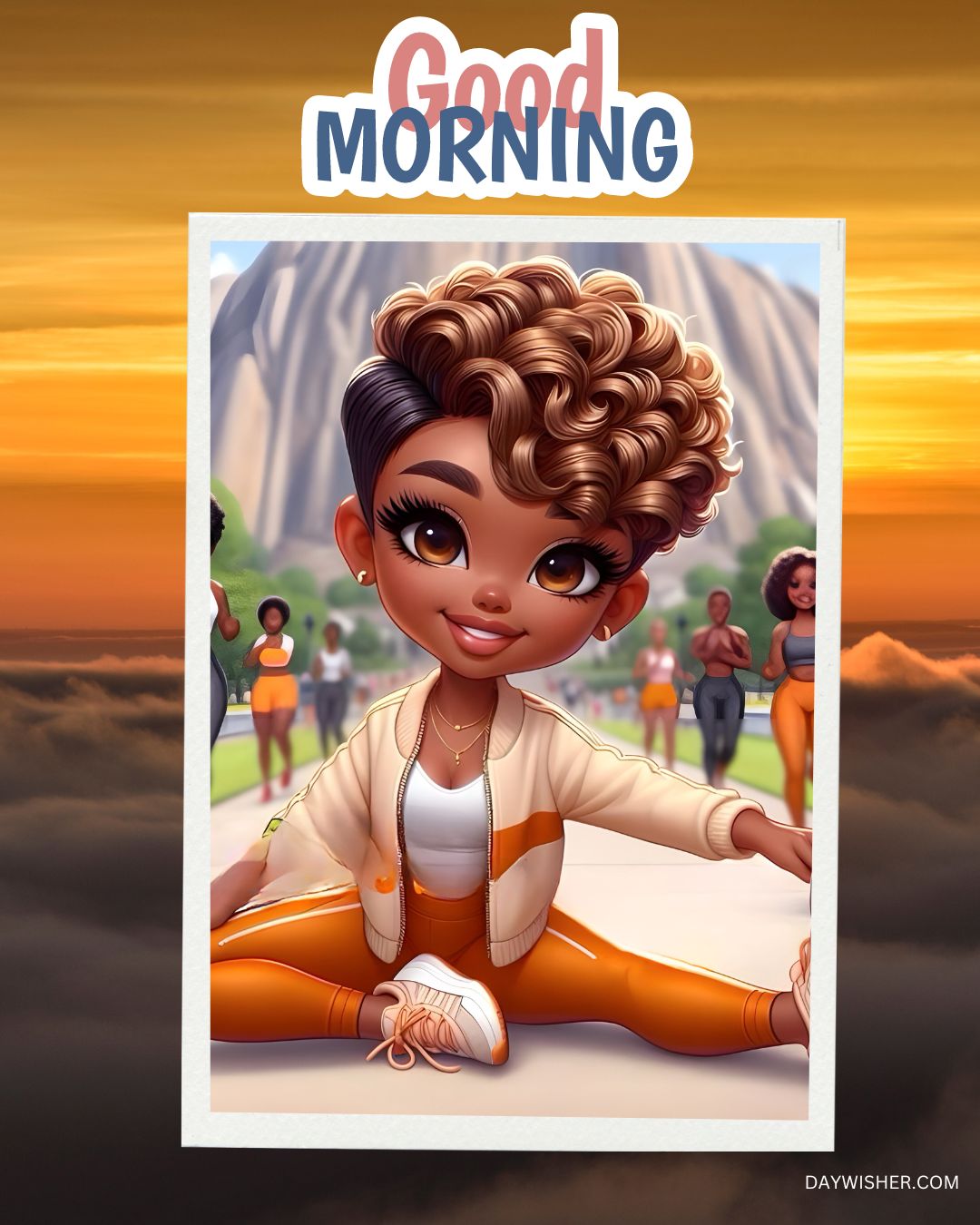 Illustration of an African American girl sitting cross-legged with a mountain in the background during sunrise, with the text "good morning" above her. Two people are jogging in the distance.