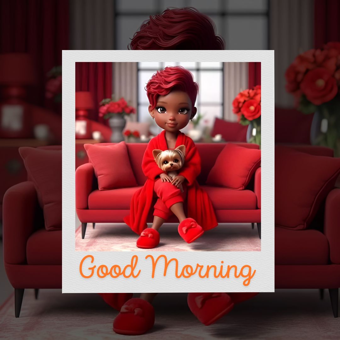 A stylized animated image of an African American girl with red hair sitting on a red couch, holding a small dog, surrounded by red roses. She wears a red outfit and slippers. The text