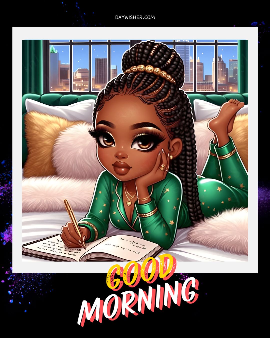 Illustration of a young African American girl with braided hair writing in a journal while lying on her stomach, with plush pillows around and cityscape visible through the window. Text reads "Good Morning.