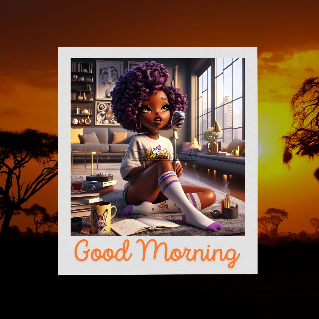 Illustration of a young African American girl sitting by a window, reading a book at sunrise, with a savannah landscape in the background; "good morning" text is displayed.