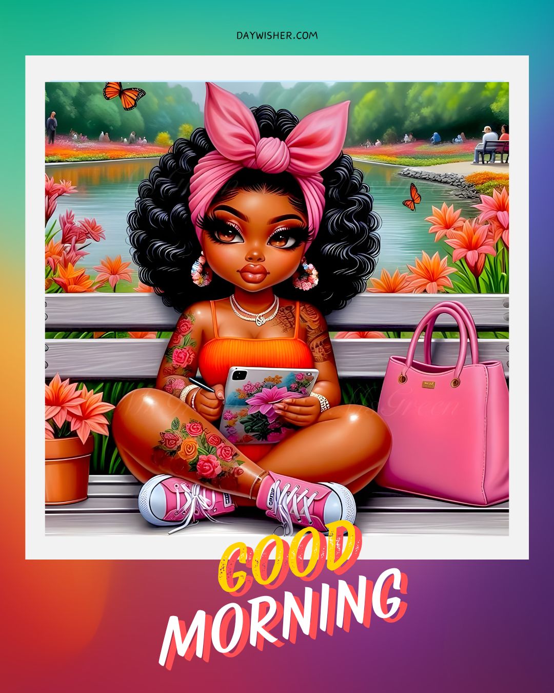 Illustration of a stylish, animated African American young girl with elaborate tattoos, sitting on a bench in a vibrant park, holding a book. She has big hair styled with a pink bow and is accompanied