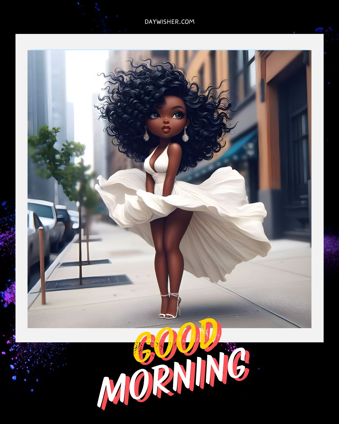 Digital illustration of a stylish African American animated woman with voluminous curly hair, wearing a flowing white dress and heels, strolling in a cityscape with "good morning" text overlaid.