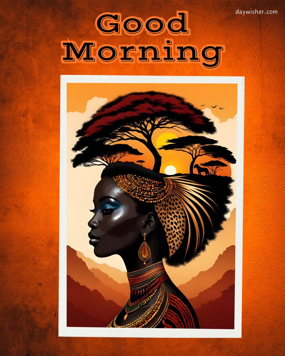 A stylized image with the text "good morning" featuring the profile of an African American woman with African-inspired jewelry and hairstyle, overlaying a serene African savannah landscape at sunrise.