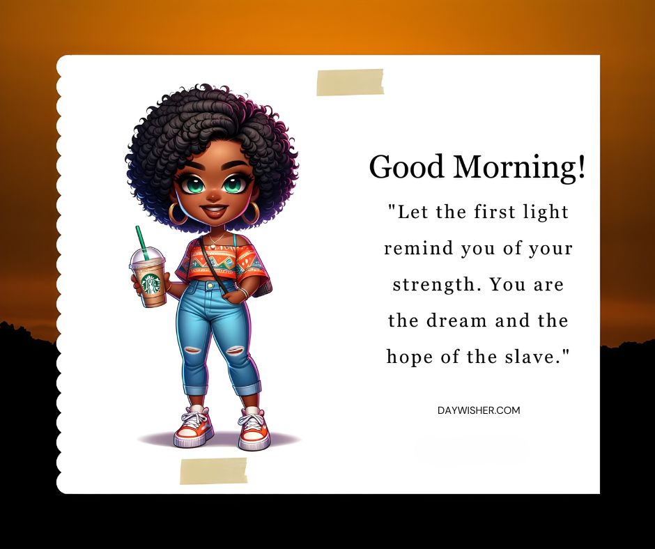 A vibrant digital illustration of a young African American woman holding a coffee cup, with "good morning!" and an inspirational quote displayed on an orange gradient background.