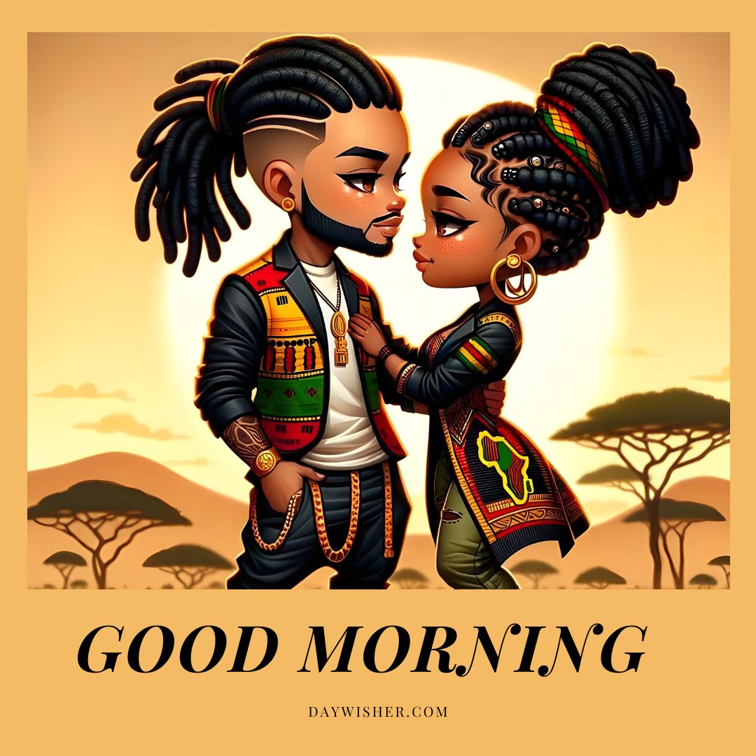 Illustration of two animated African American characters with elaborate hairstyles, dressed in vibrant, cultural attire, touching foreheads against a sunset backdrop, accompanied by the text "good morning.