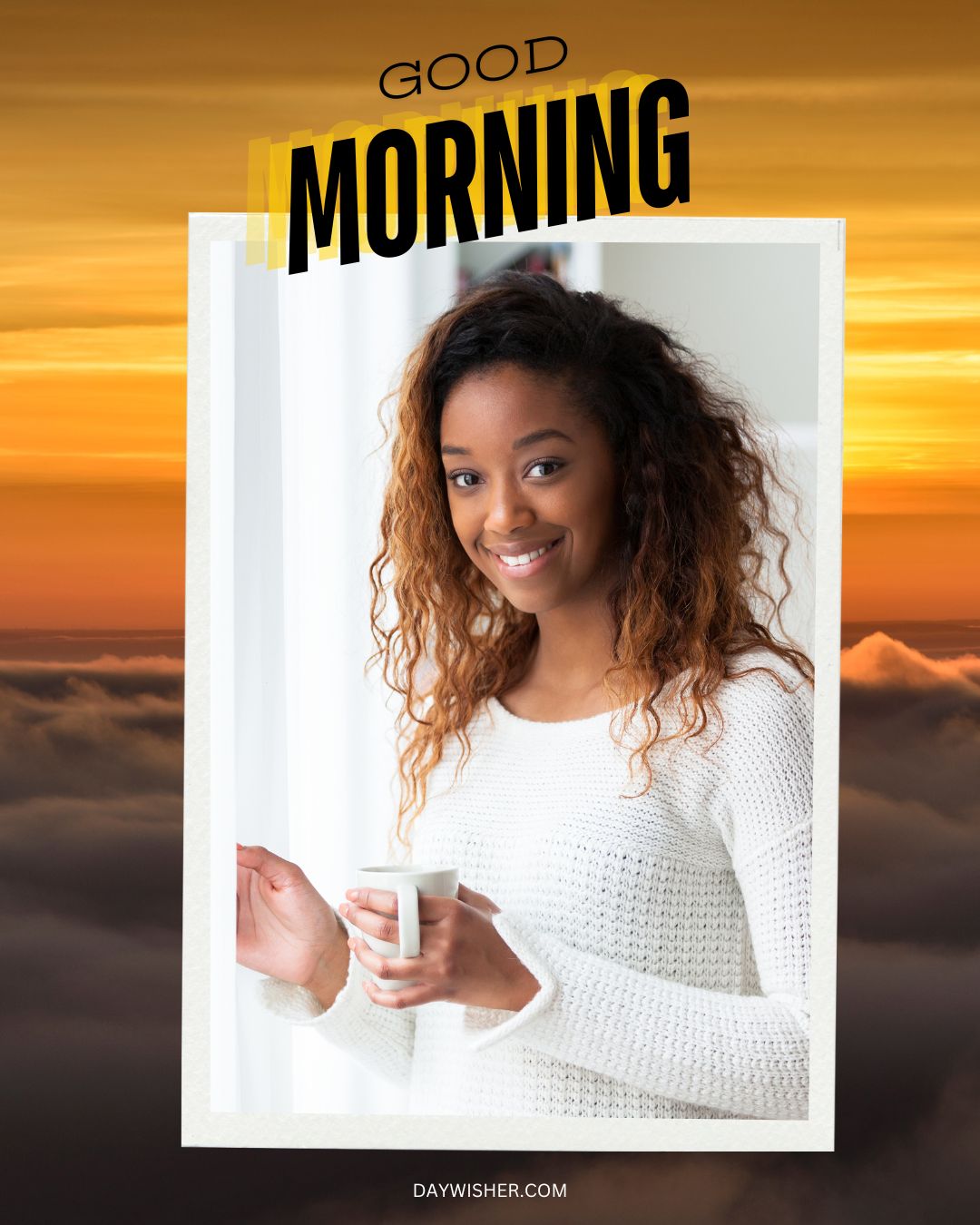 A smiling African American woman in a white sweater holding a mug, framed by an open book against a sunrise background, with the text "good morning" at the top.