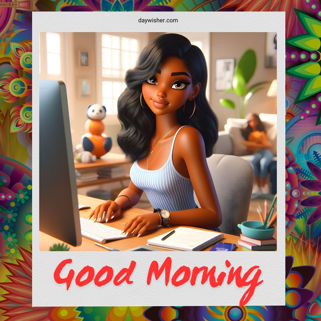 A digital illustration of an African American woman smiling while working at a desk with a computer, papers, and a small orange toy. The background shows a cozy room with books and a couch. Text "good morning" is displayed.