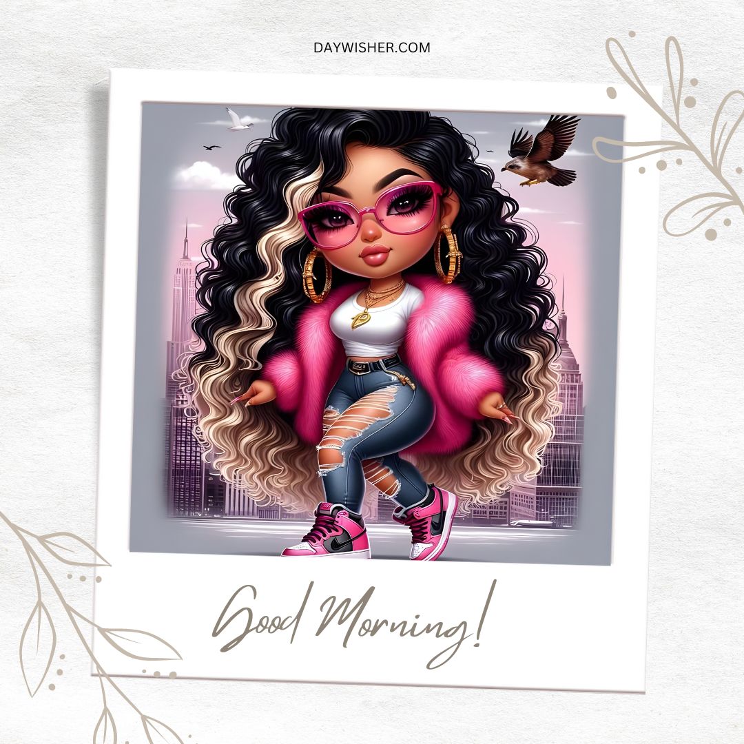 Illustration of a stylish African American young woman with voluminous curly hair, wearing pink sunglasses, a fuchsia jacket, ripped jeans, and sneakers, greeting with "good morning!" against a city backdrop.