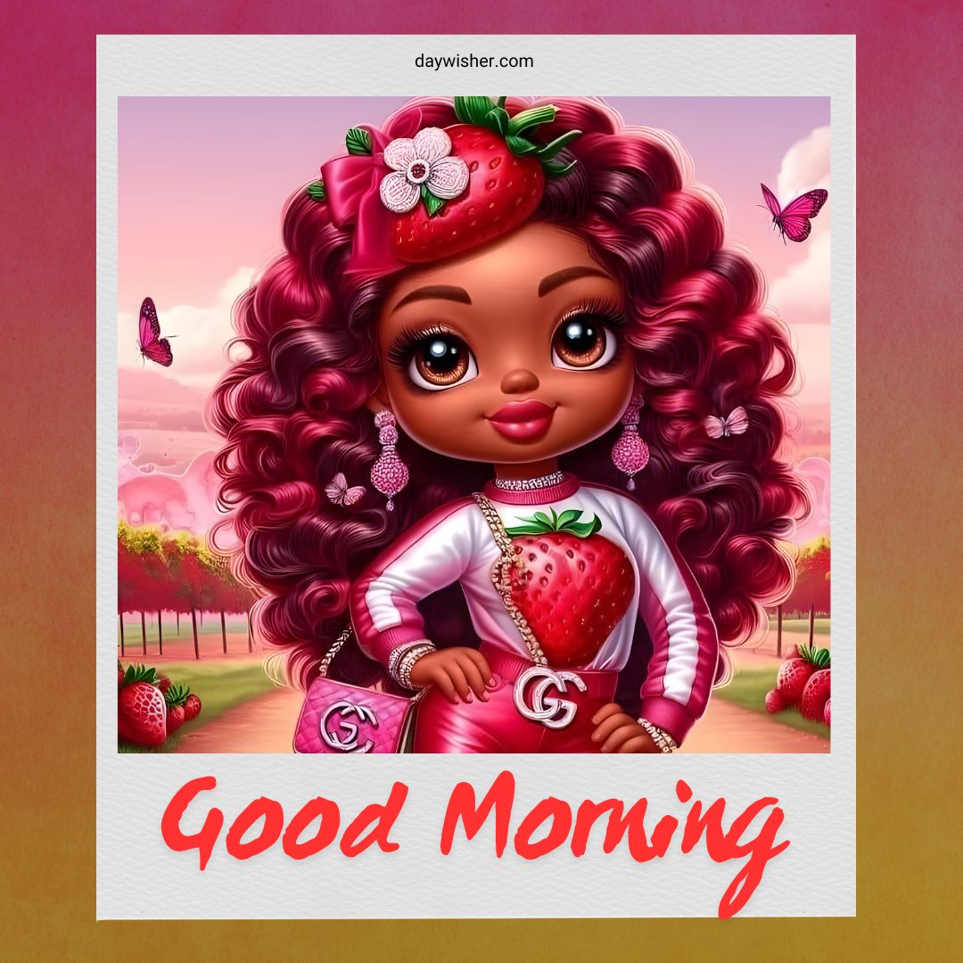 Illustration of a cheerful African American girl with dark skin and curly pink hair adorned with strawberries and flowers, surrounded by butterflies, with a "good morning" greeting.