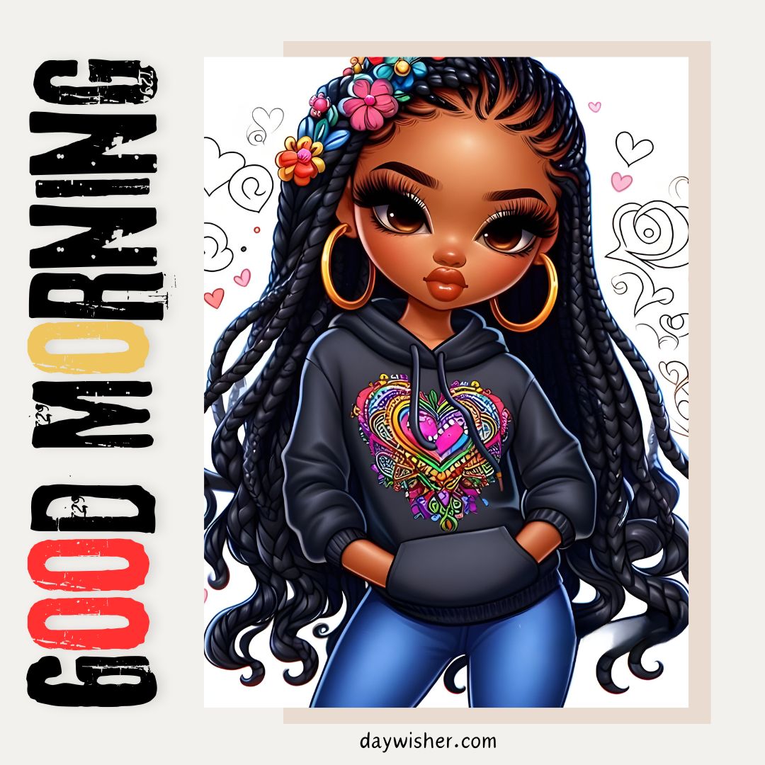 Illustration of a stylish African American young woman with long braided hair decorated with flowers, wearing hoop earrings and a hoodie with a heart design, featured over a "good morning" text banner.