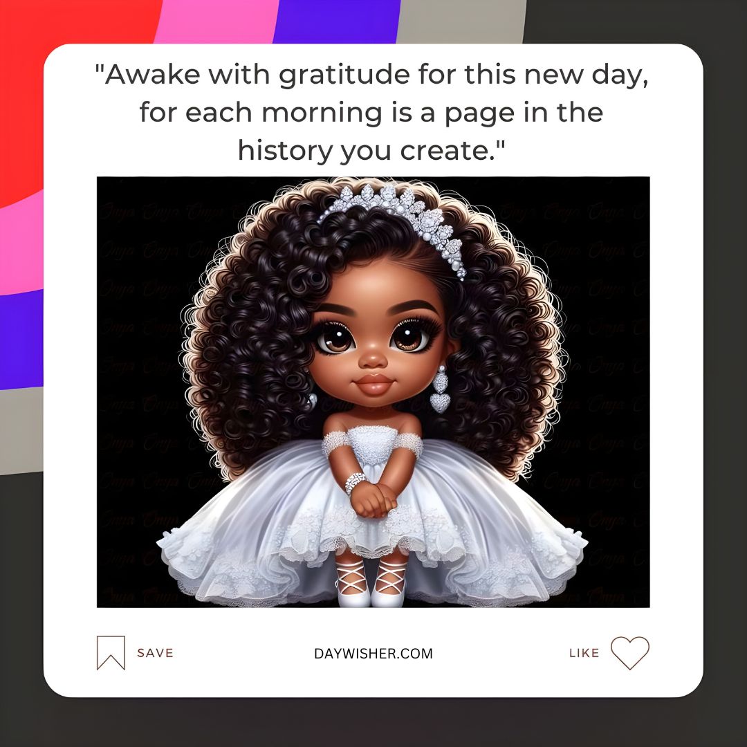 A cute animated character with big eyes and curly hair, wearing a white frilly dress and sitting against a purple background with "African American good morning" text about gratitude above.