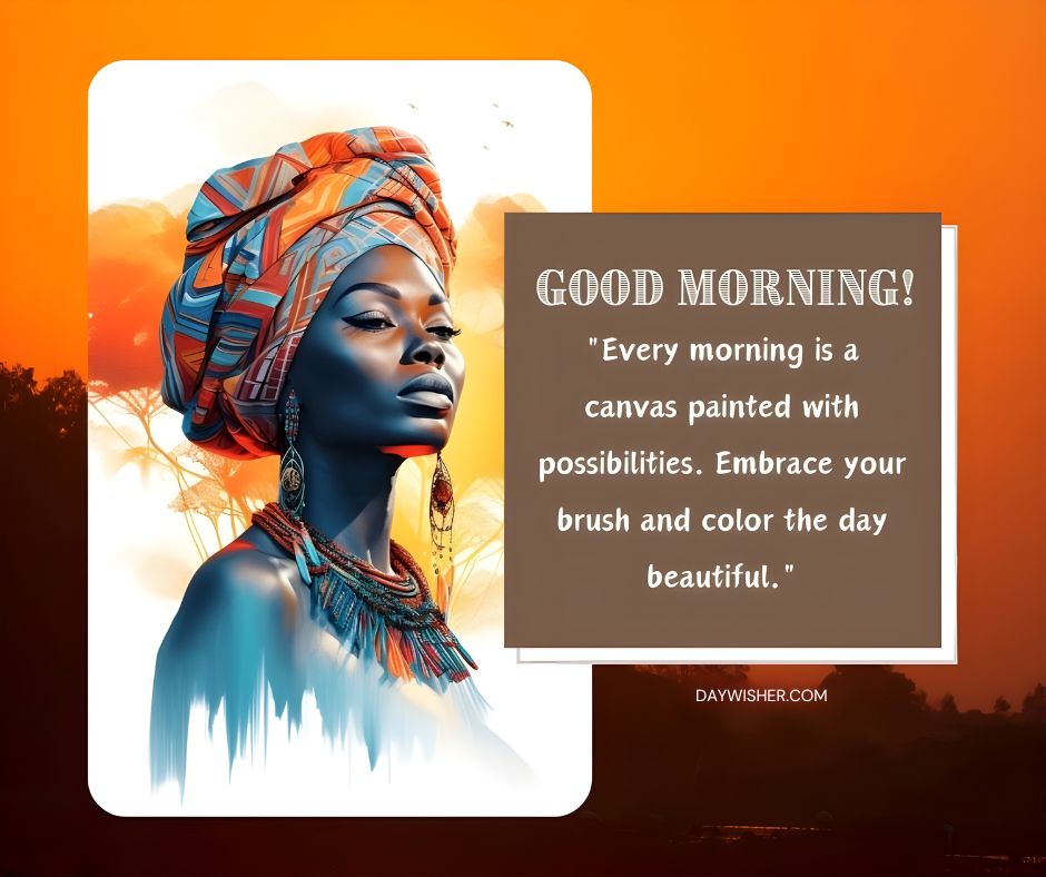 An artistic graphic featuring an African American woman adorned with a colorful head wrap and jewelry, set against an orange background, accompanied by a motivational quote about painting each day beautifully.