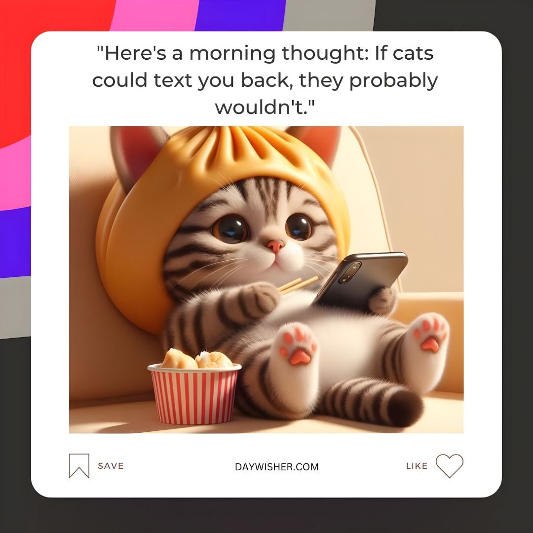 A cute animated kitten lying down, holding a smartphone and looking at it, with a snack bowl beside it, all under a blanket that's shaped like a good morning cat image.