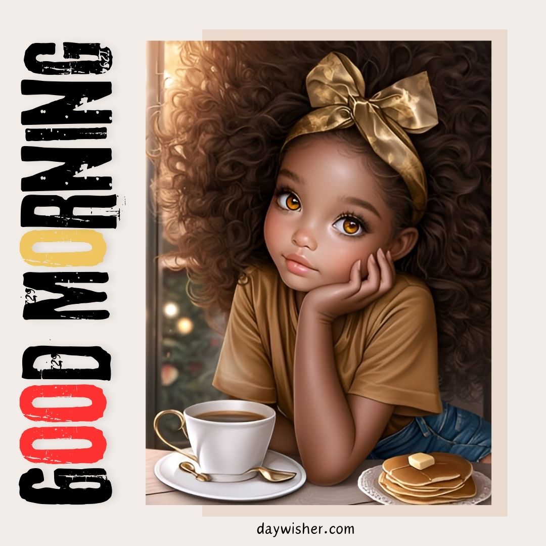 Illustration of a young African American girl with curly hair and a bow, sitting at a table with a cup of coffee and pancakes, with the text "good morning" above her.