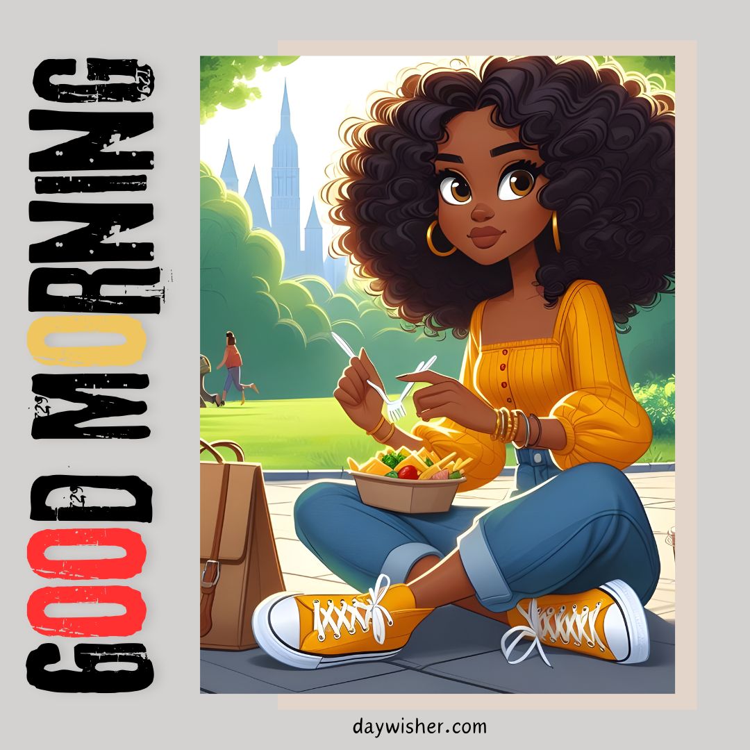 Illustration of a young African American woman with curly hair sitting in a park, eating a salad, with "good morning" text above and a city skyline in the background.