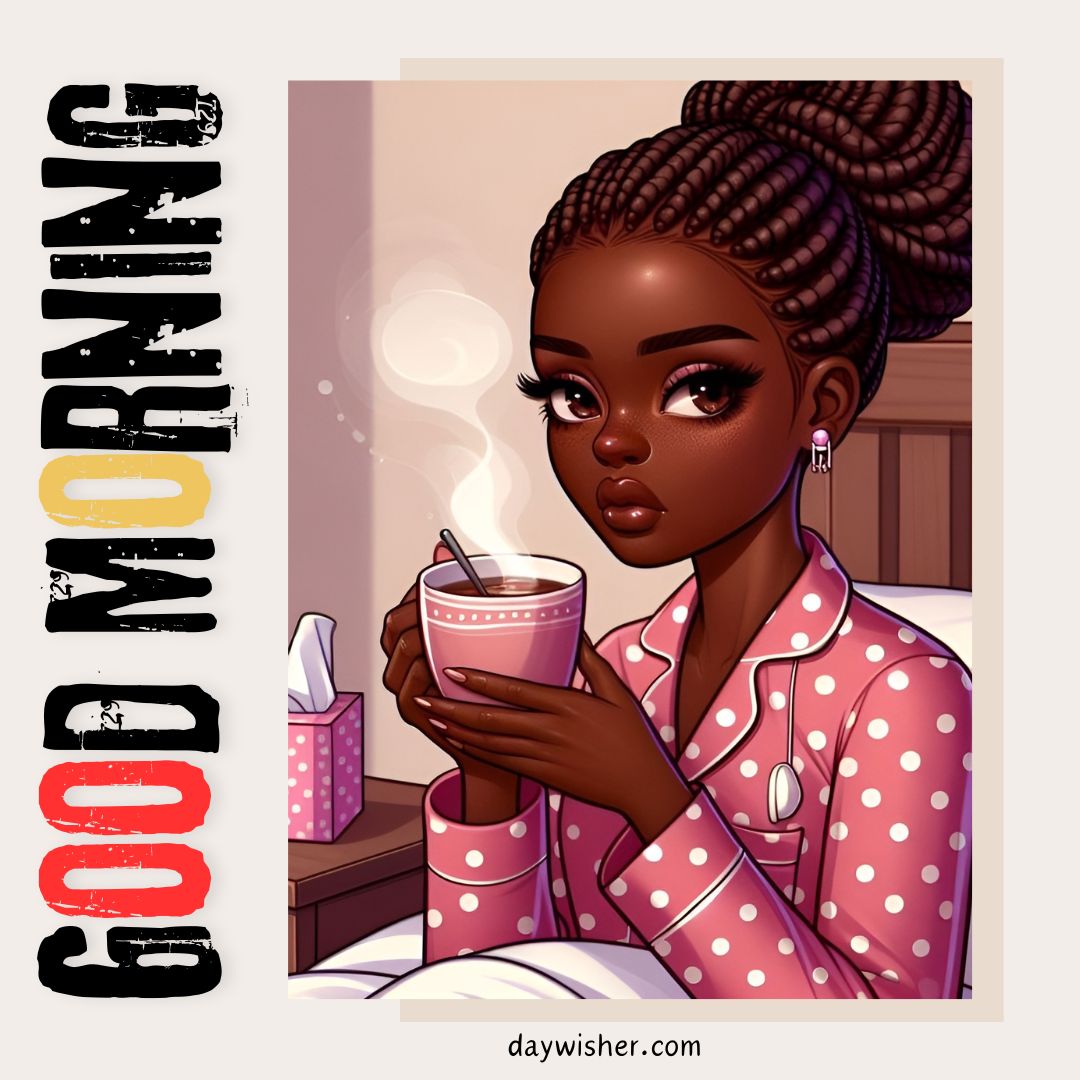 Illustration of an African American woman with braided hair in a pink polka-dot pajama holding a steaming cup, with "good morning" text above. Warm, cozy ambiance with soft background details.