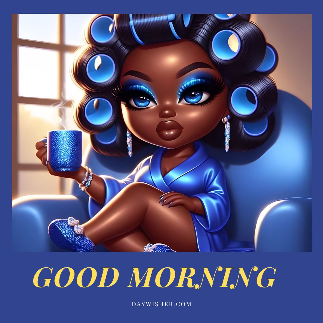 Stylized animated character, an African American woman with blue hair in curlers, wearing a matching blue robe and slippers, holding a mug. She sits comfortably in a cozy room with "good morning" text.