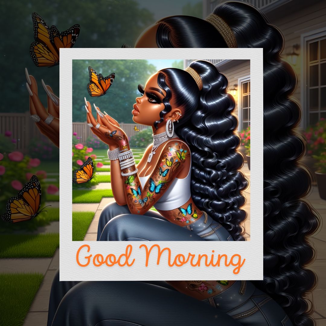 Stylized digital illustration of an African American woman with long, wavy hair and tattoos, surrounded by butterflies, greeting the morning in a garden. The phrase "good morning" is displayed at the