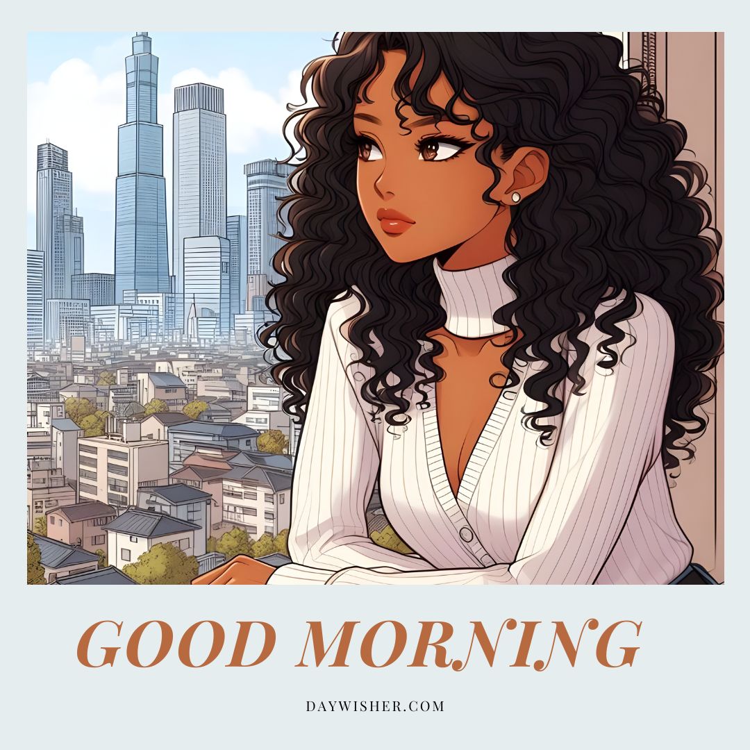 Illustration of an African American woman with curly hair gazing out a window at a city skyline, with the words "good morning" at the bottom. The style is colorful and detailed.