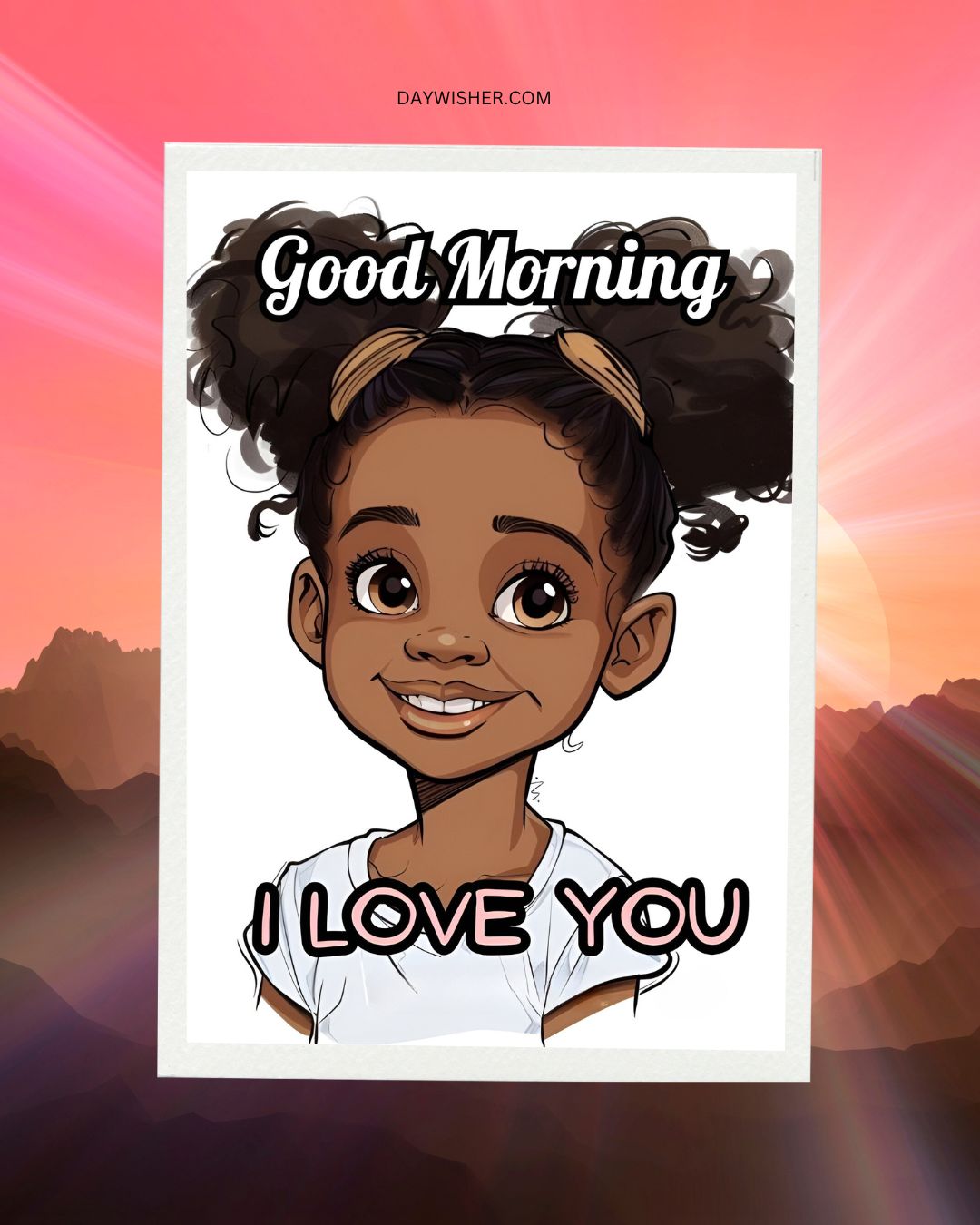 Illustration of a cheerful African American young girl with pigtails against a sunrise background, featuring the text "Good morning, I love you.