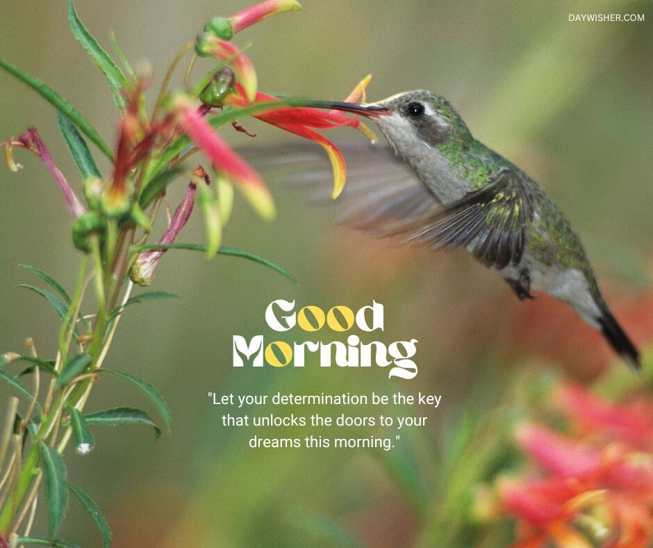 A hummingbird in mid-flight feeding from a bright red flower, its green plumage blending beautifully with the natural background, with the motivational text 'Good Morning - Let your determination be the key that unlocks the doors to your dreams this morning.