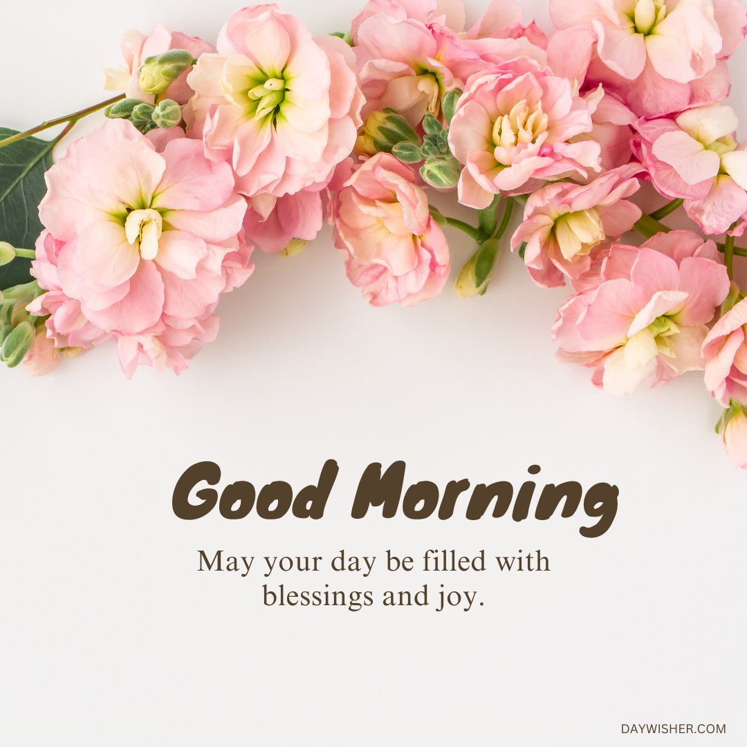 A beautiful good morning blessings image featuring a cluster of pink and white flowers with the message "Good Morning. May your day be filled with blessings and joy." The flowers are vibrant and delicate, symbolizing the freshness and positivity of a new day. The image radiates a sense of calm and inspiration, perfect for sending positive and inspirational morning greetings.