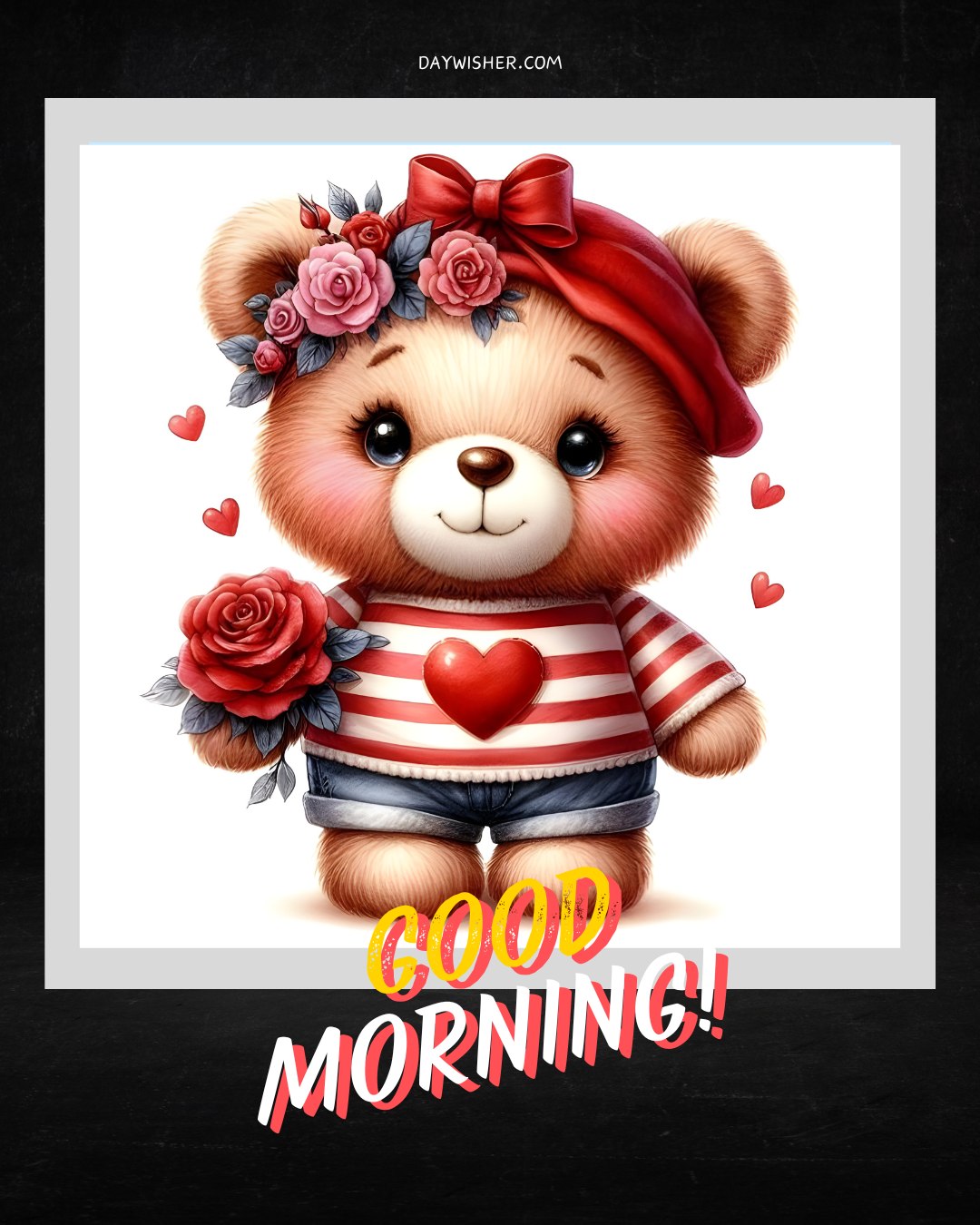 A cute teddy bear wearing a red hat and striped shirt, adorned with roses and holding a red rose, with "Good Morning" written in bright yellow and red letters. The background is white, framed with a gray border