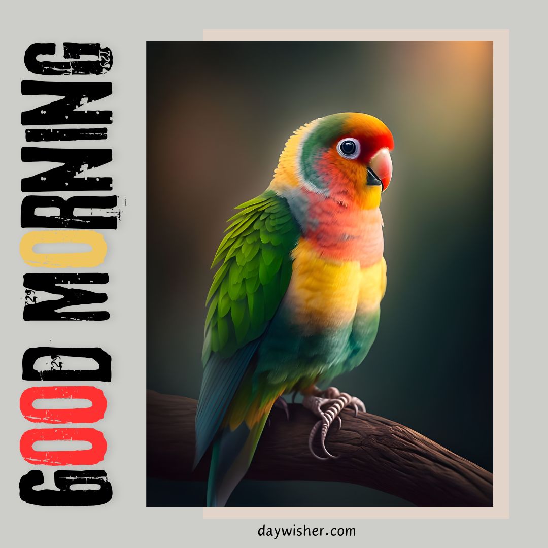 A colorful parrot with vibrant yellow, green, and orange feathers sitting on a branch. The background is soft and blurred with the text "GOOD MORNING" in bold, distressed typography at the top.