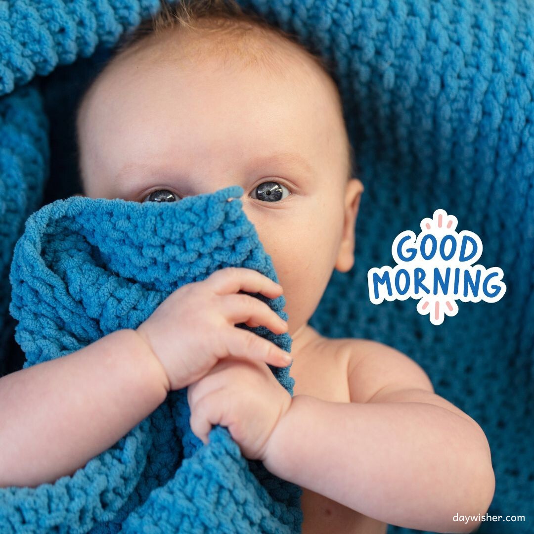 Baby peering playfully from a blue blanket, with eyes full of curiosity and a 'Good Morning' message above, ideal for good morning baby images.