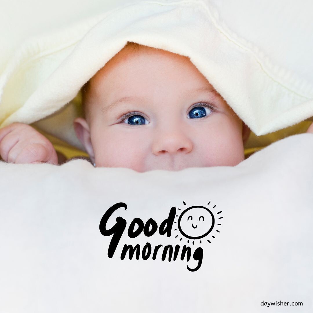 Bright-eyed baby peeking from under a yellow blanket with sparkling blue eyes and a playful 'Good Morning' message, ideal for sharing good morning baby images.