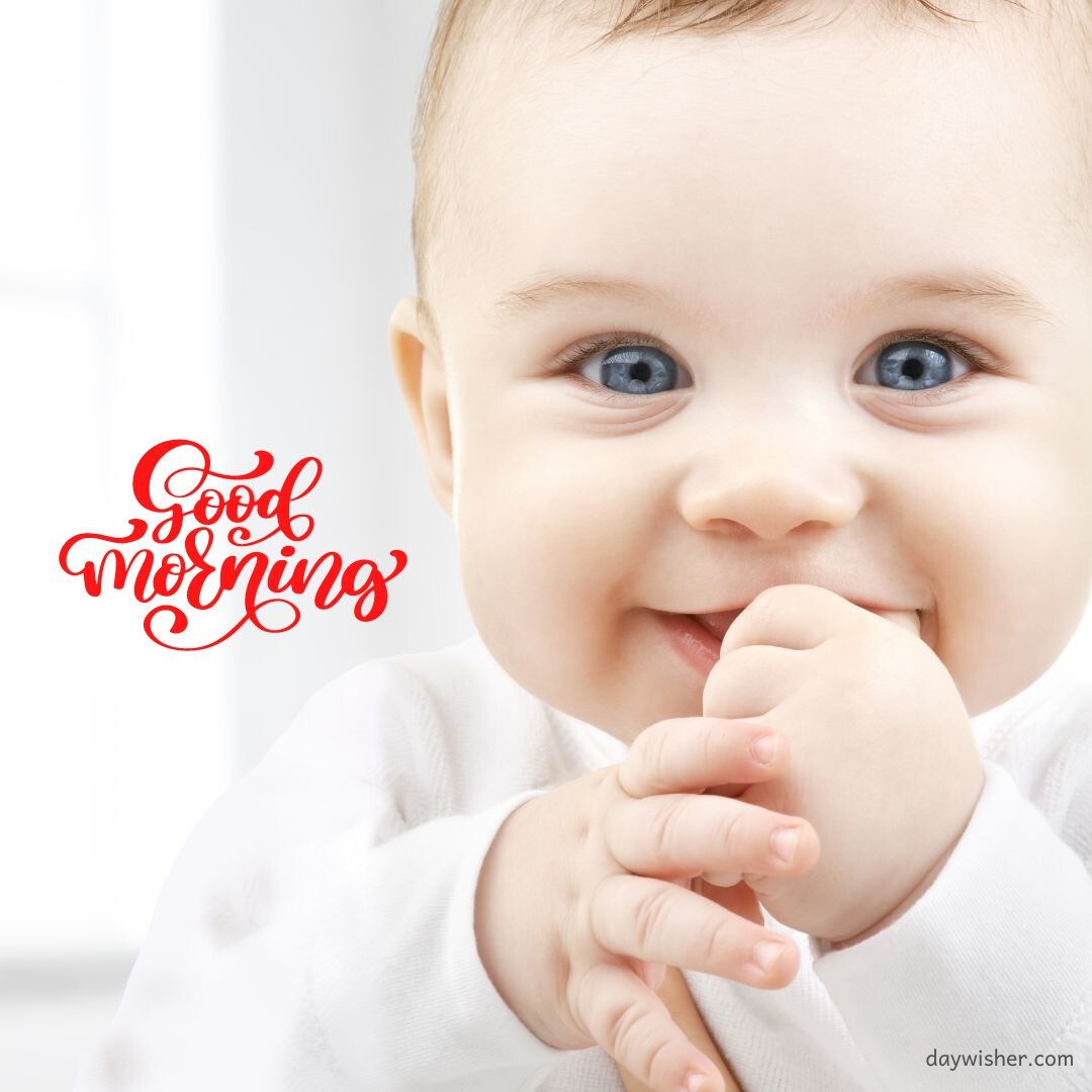 Baby with bright blue eyes smiling sweetly, fingers in mouth, beneath a stylish 'Good Morning' script, perfectly encapsulating good morning baby images.