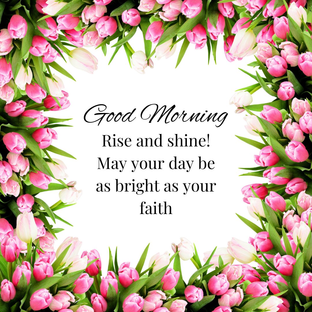 A beautiful good morning blessings image featuring a vibrant border of pink and white tulips with the message "Good Morning. Rise and shine! May your day be as bright as your faith." The colorful flowers frame a white background, creating a fresh and uplifting atmosphere. This image is perfect for sharing positive and inspirational morning greetings, encouraging a bright and faith-filled start to the day.