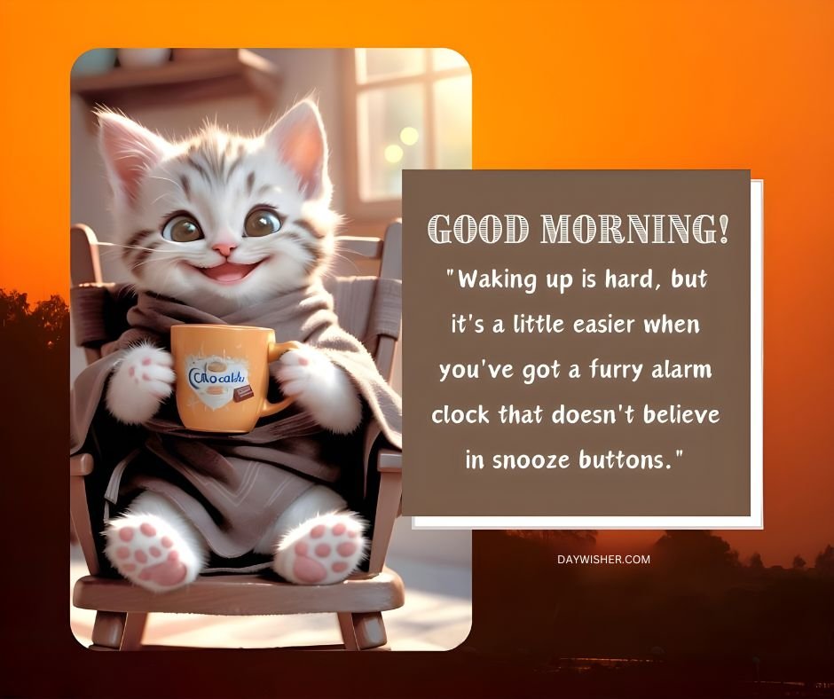 A cheerful illustration of a cat sitting on a deck chair, holding a coffee mug with the words "cocoa" on it, against an orange sunrise background. The image includes a "Good Morning!