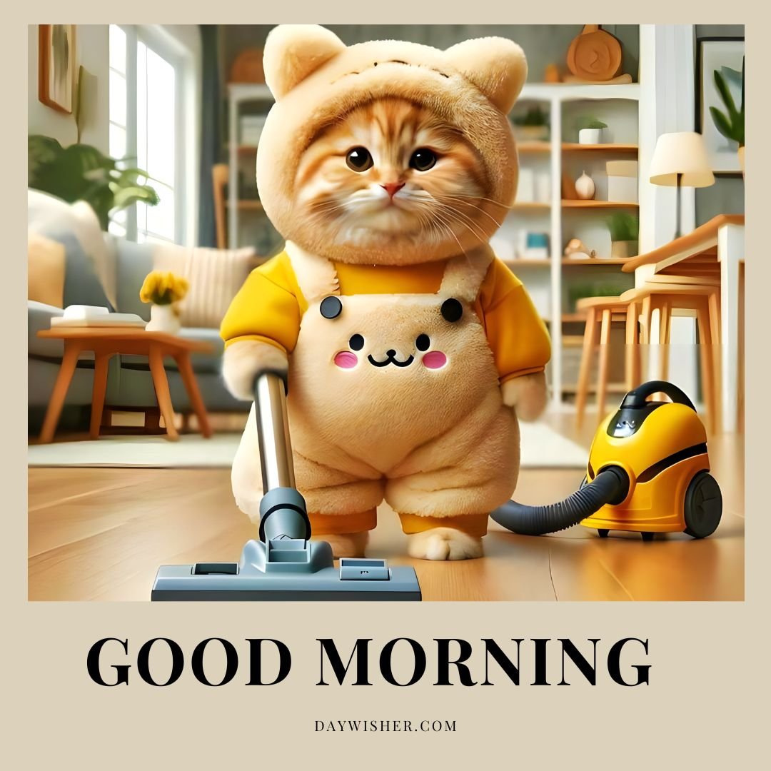 Animated image of an orange cat standing upright, wearing a yellow hoodie and a hat shaped like a cat's head, vacuuming a wood-floor room. Text on the image says "Good Morning.