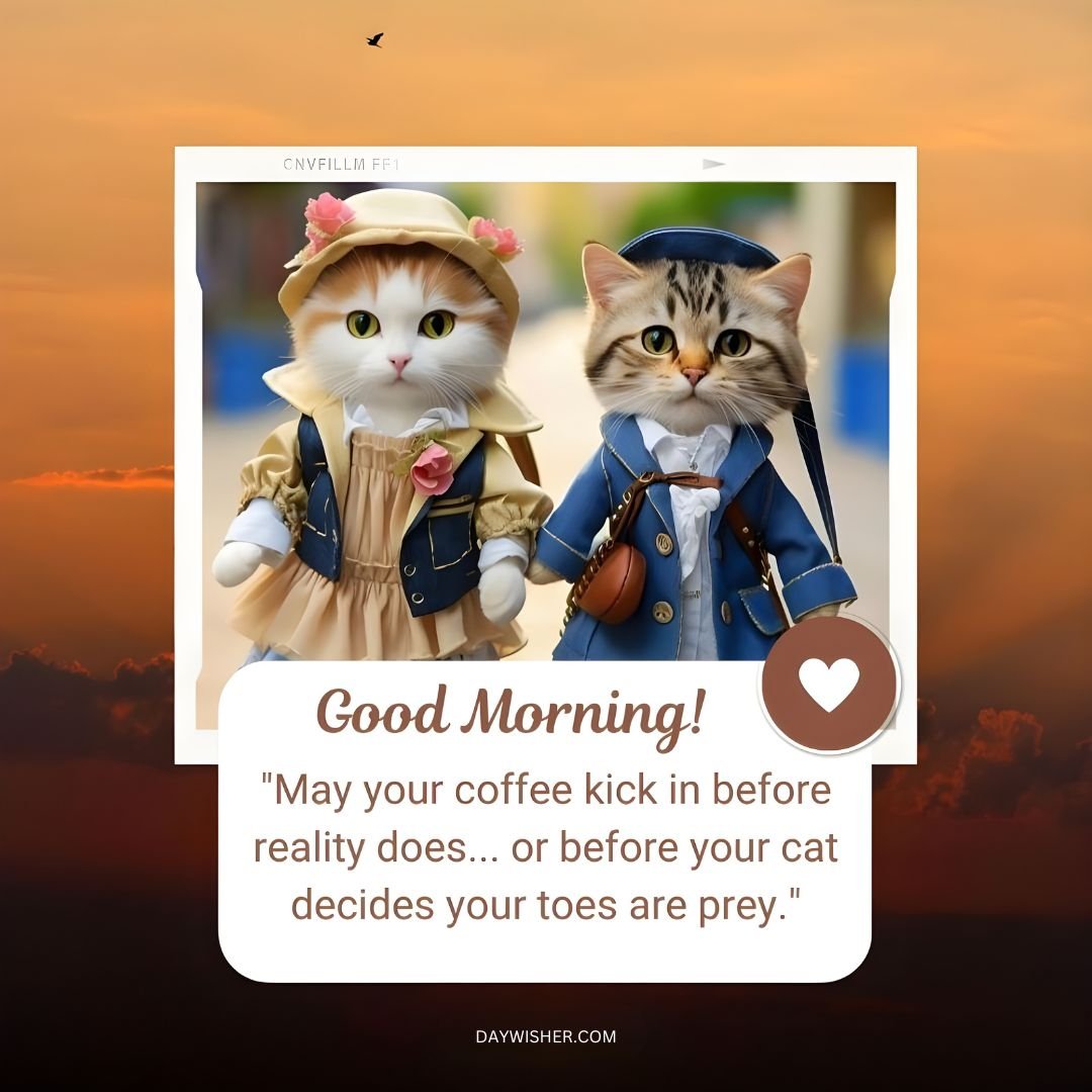 Two cats dressed in human-like vintage outfits—female in a dress and hat with flowers, and male in a naval uniform—against a dawn sky. Captioned: "Good morning. May your coffee