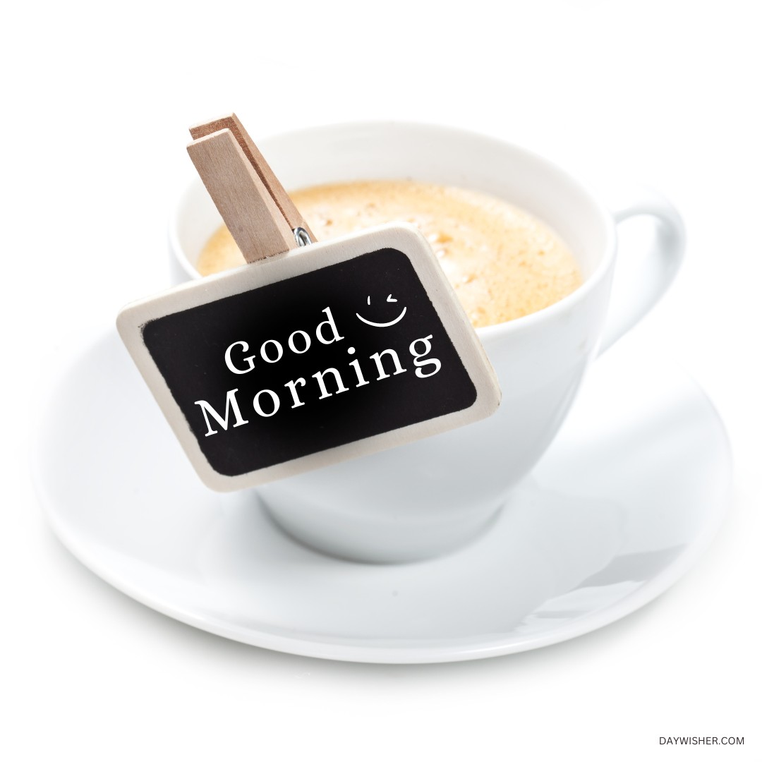 A simple yet charming presentation of a white coffee cup with a small blackboard sign clipped to the side, displaying the message "Good Morning" with a smile. This creative and minimalistic approach makes this image ideal for those looking for good morning coffee images that combine a personal touch with the invigorating pleasure of morning coffee.