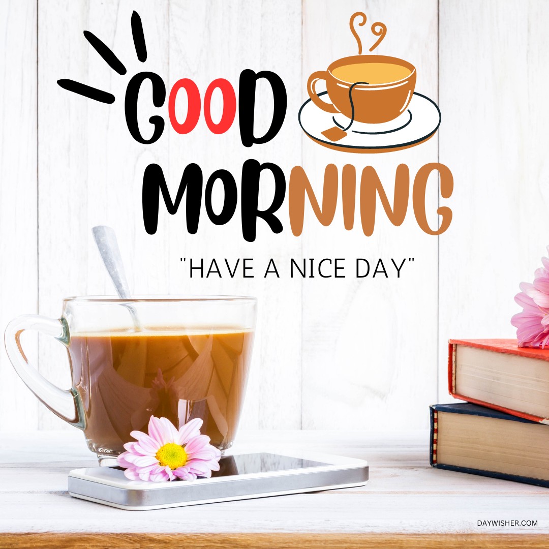 A refreshing morning setup featuring a clear mug of coffee on a smartphone, accompanied by a cheerful "Good Morning" and "Have a Nice Day" message. The scene is further brightened by a colorful flower and books, creating a cozy and inviting atmosphere. This image is ideal for those who appreciate good morning coffee images that combine elements of learning and relaxation.